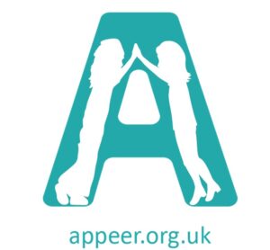 Appeer logo; the letter A in a teal blue. Within each side of the sloping part of the A are the outlines of two women, they are touching hands at the topof the A. Underneath the A are the words: appeer.org.uk