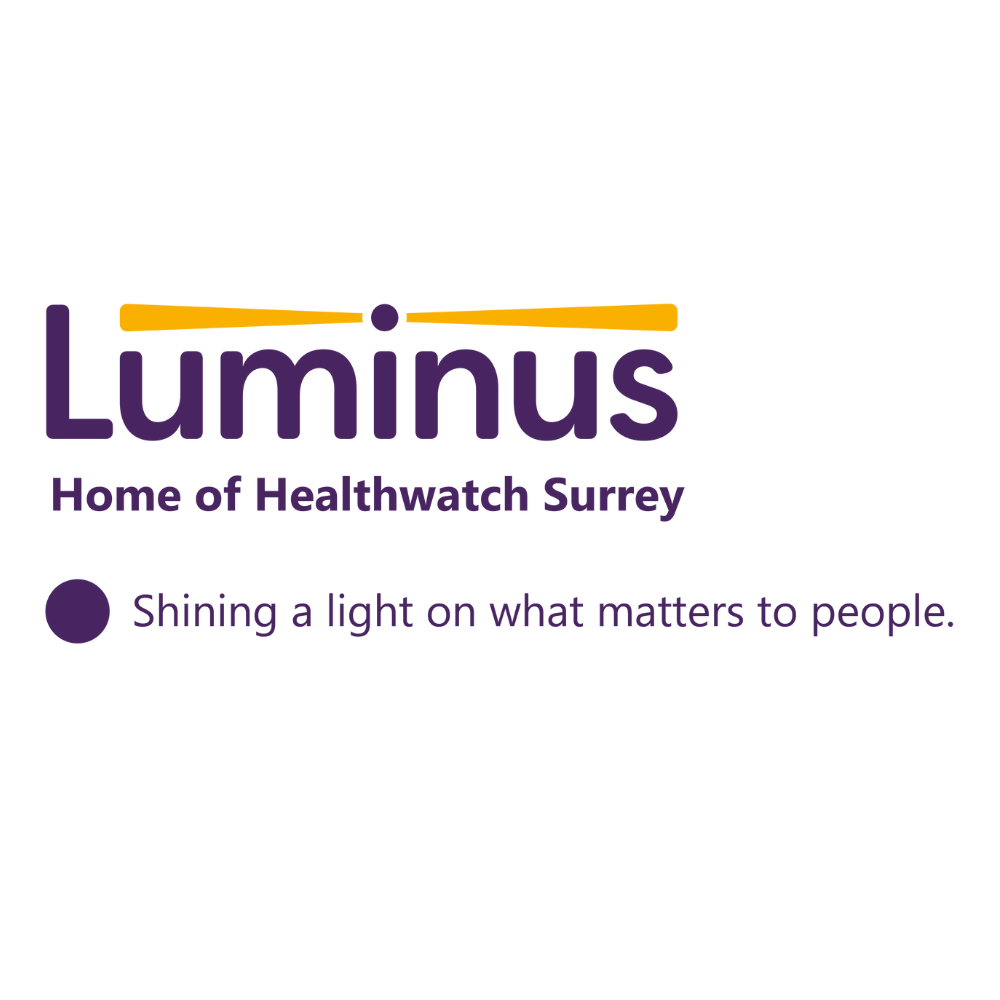 Luminus logo - with the words: Luminus, Home of Healthwatch Surrey. Shining a light on what matters to people.