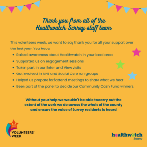 A certificate of thanks sent out to each of our volunteers, thanking them for all of the work they do (as detailed in the main post). The certificate is on a bright orange background and starts with the words 'Thank you from all of the Healthwatch Surrey staff team'. At the top left and right are some banners and to the right of the certificate are 3 colourful stars. At the bottom are the logos of Volunteers week and Healthwatch Surrey .