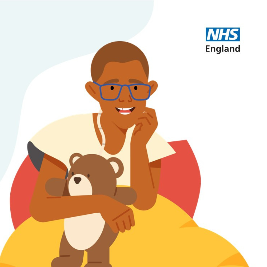 Drawing of a child in bed, sitting up holding on to a teddy. In the top right of the image is the NHS England logo