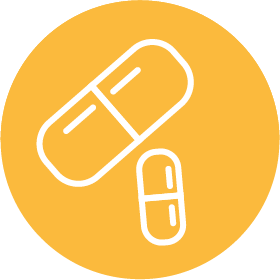 Icon of 2 medical tablets. Image is on a yellow circle.