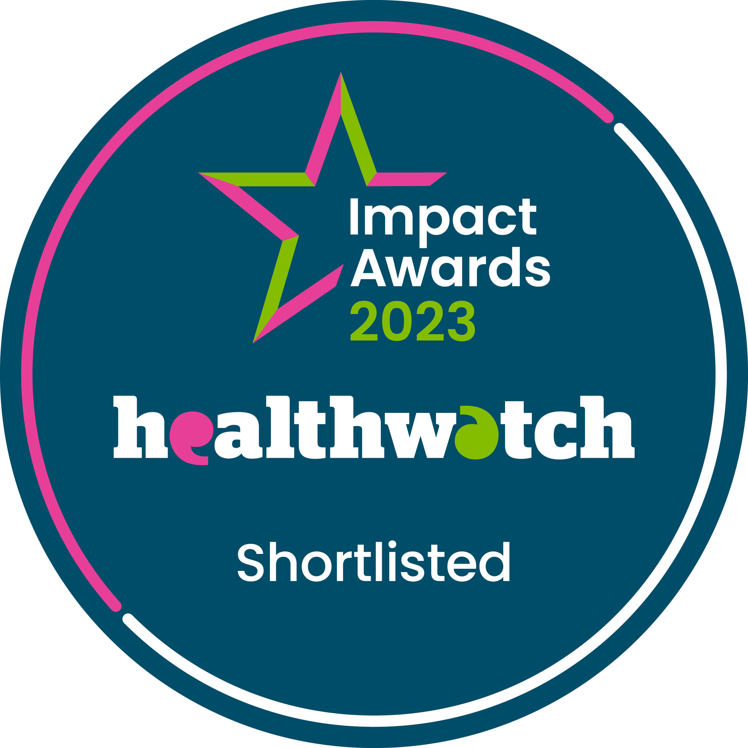 Within a circle, is a star with the words Impact Awards 2023. Underneath the start are the words Healthwatch and shortlisted.