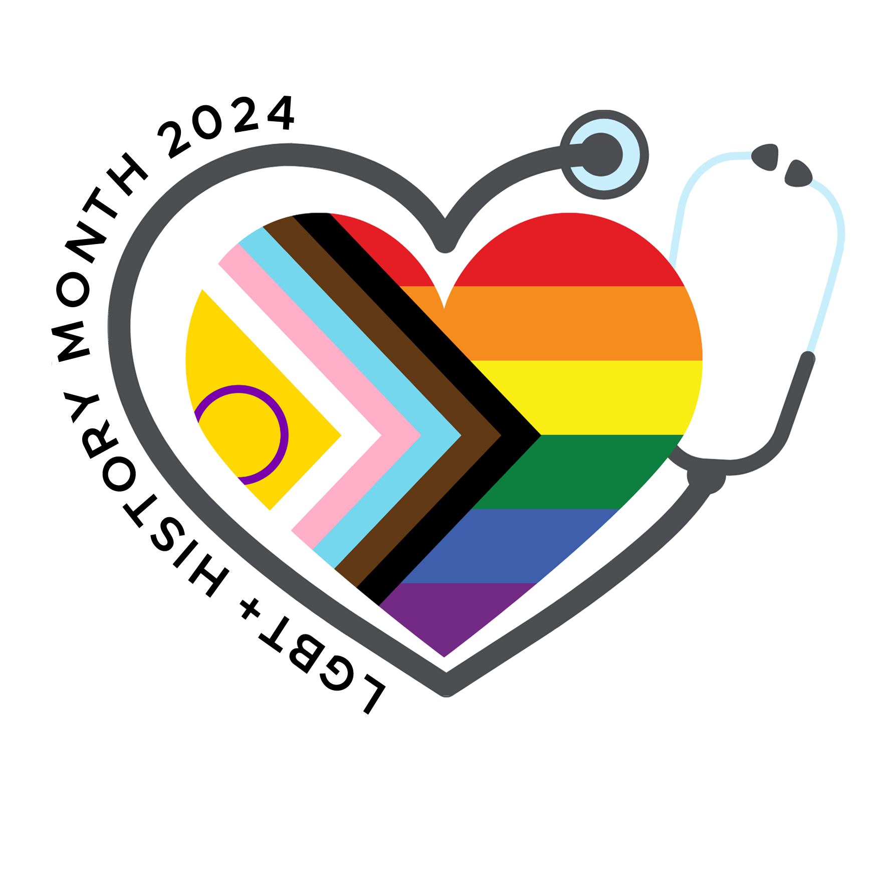 The LGBT+ rainbow colours are in the shape of a heart. Around the heart is a stethoscope. On the left side of the stethoscope are the words LGBT+ history month 2024