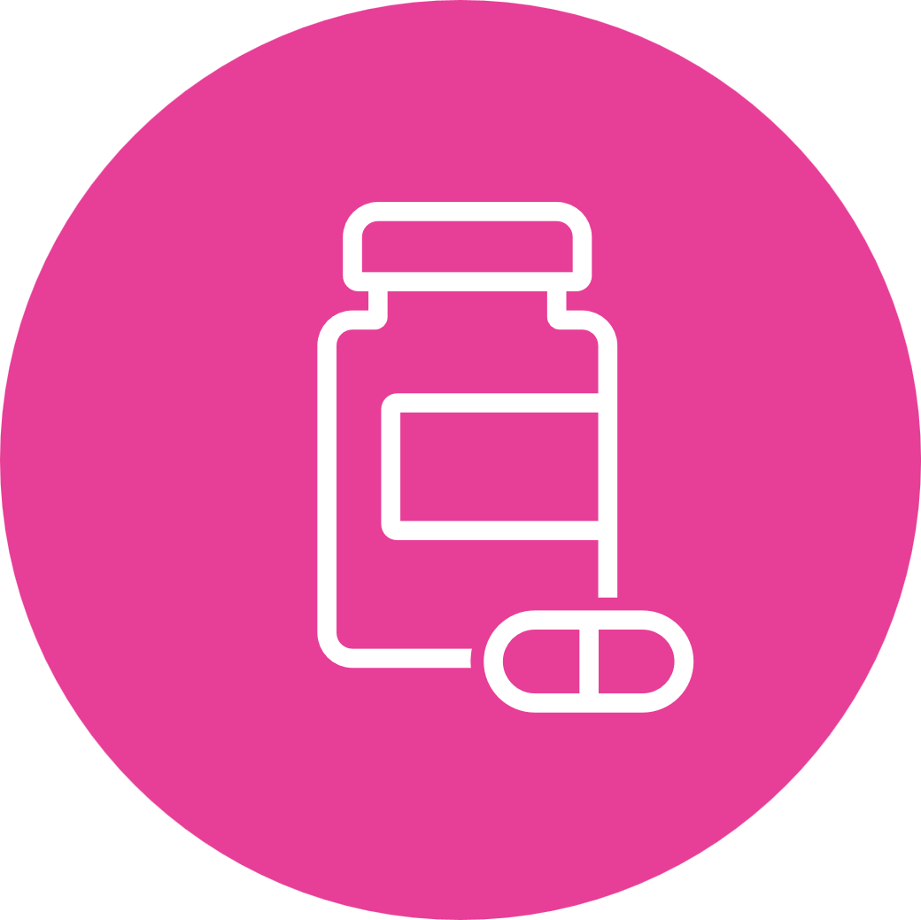 Icon of a medicine bottle with one tablet outside. Shown in a dark pink circle.