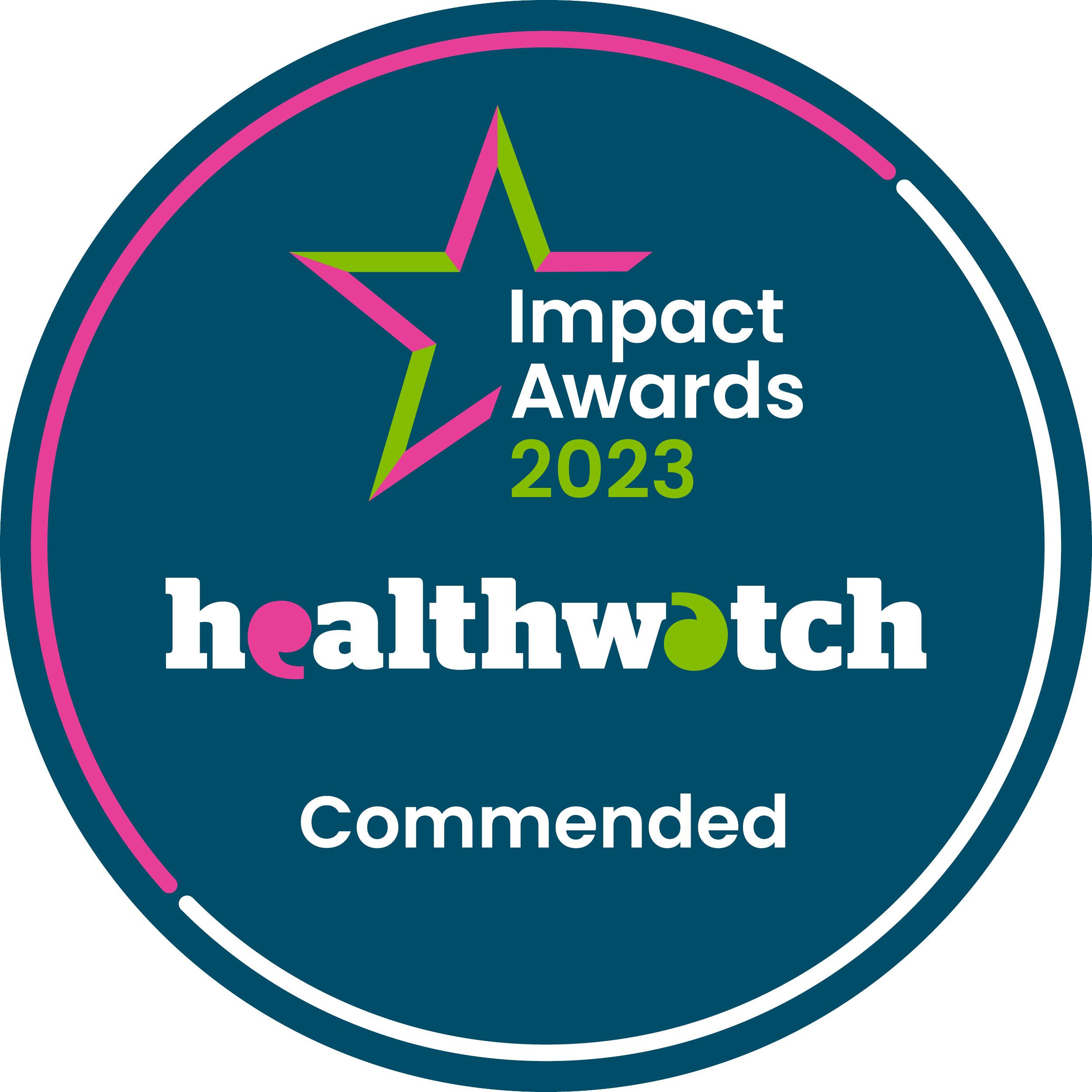Within a circle, is a star with the words Impact Awards 2023. Underneath the star are the words Healthwatch and Commended.