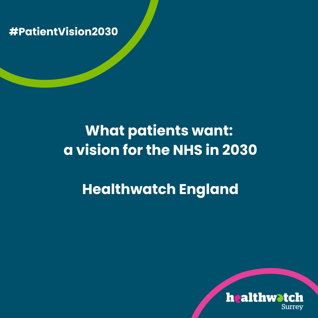 The image is all on a dark blue background. In the middle of the image is the text: What patients want: a vision for the NHS in 2030 - Healthwatch England. At the top left, separated from the rest of the image by a green curved line, Are the words #PatientVision2030. To the bottom right of the image is the Healthwatch Surrey logo with a curve in pink above it.