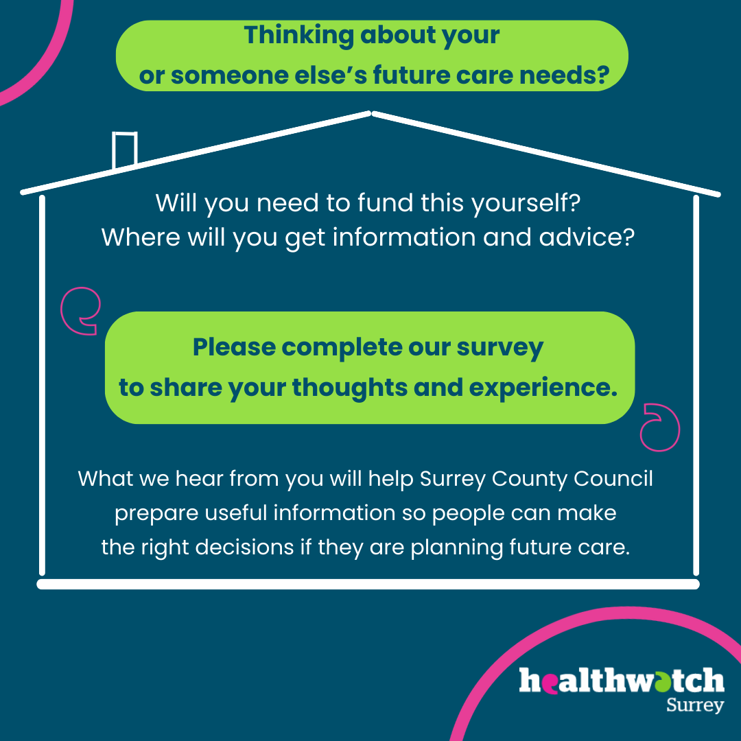 On a dark blue background is the outline of a house. Just above the house, in a lime green box, are the words: Thinking about your, or someone else's, future care needs? Within the outline of the house are the key words used in the body of this post. To the bottom right of the image is the Healthwatch Surrey logo, with a pink curve just above it.