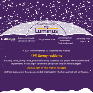 The card is dark purple. At the top, snow is falling onto an open pale purple umbrella. In the middle section of the umbrella are the words ‘Season’s Greetings from Luminus’. Underneath the umbrella are our 5 different services: Healthwatch Surrey, Independent Health Complaints Advocacy, Giving Carers a Voice and Giving Young Carers a Voice, Combating Drugs Partnership Public Involvement, Community Voice Projects. Underneath this are the words: “In 2024 we have listened to, supported and involved 4791 Surrey residents including carers, young carers, people affected by substance use, people with disabilities and impairments, those living in care homes and people who are neurodivergent. Shining a light on what matters to people. We thank every one of these people and all organisations who have worked with us this year.” At the bottom of the card is a covering of snow.