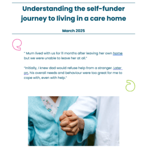 Front page of the self-funder report showing the title of the report, the quotes and an image of 2 people holding hands.