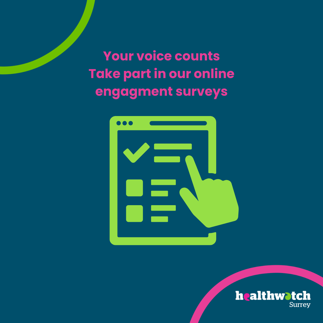 In the centre of a dark blue background is a lime green icon of an online survey with a hand choosing a tick as a response. Above the clipboard are the words - Your voice counts - take part in our online engagement surveys. At the bottom of the image is the Healthwatch Surrey logo.