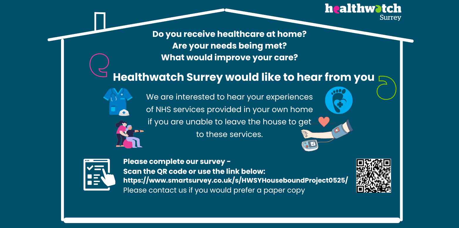Inside the outline of a house are the words: Do you receive healthcare at home? Are your needs being met? What would improve your care? Healthwatch Surrey would like to hear from you We are interested to hear your experiences of NHS services provided in your own home if you are unable to leave the house to get to these services. Please complete our survey – with a QR code and the link to the survey. There is also the offer to contact us if you need a paper copy. Along side the words are images of nursing staff uniform, an icon of a foot, someone being assisted in a wheelchair and an image of an arm with a blood pressure cuff on it.