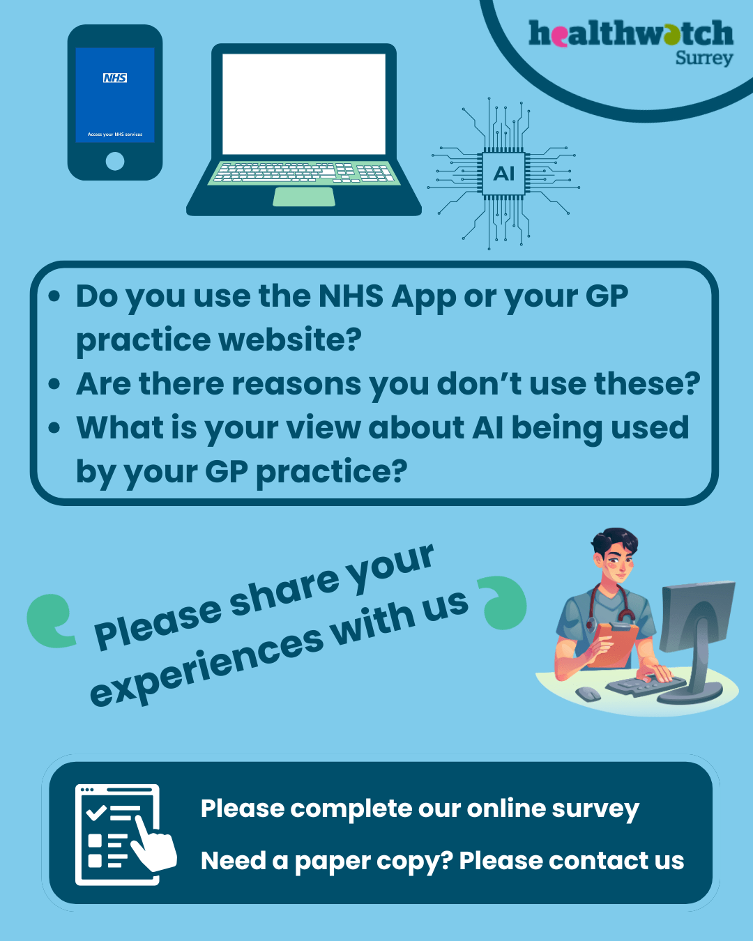 Image shows a phone with the NHS App, a laptop and an AI image. Beneath are the questions: Do you use the NHS App or your GPpractice website? Are there reasons you don’t use these? What is your view about AI being usedby your GP practice? Please share your experiences with is. Below are the survey details and a QR code.